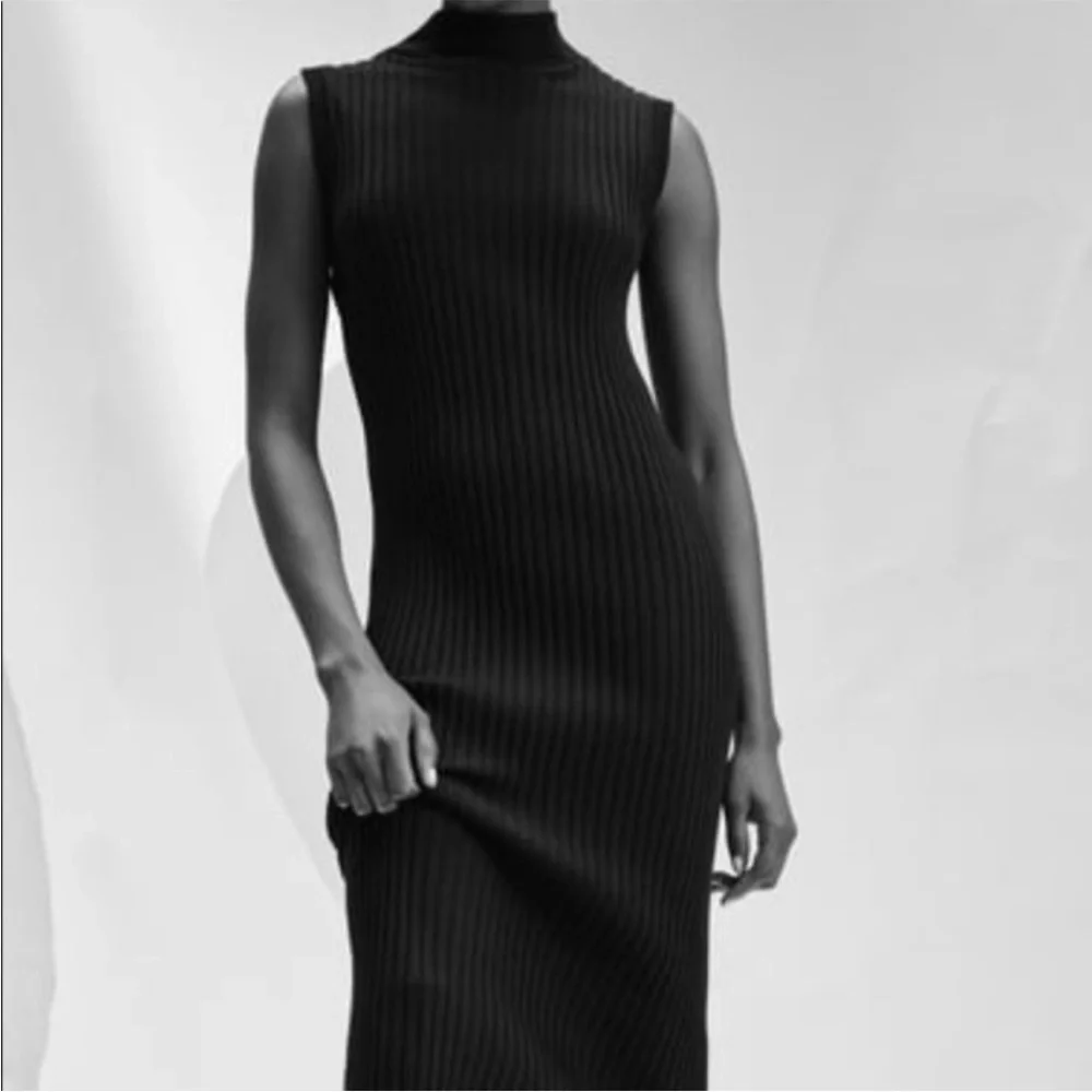ZARA NWT Form Fitting Mock Neck Rib Knit Midi Dress, Black, Size XS-S - Picture 5 of 11